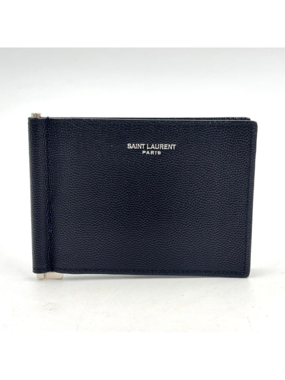 Saint Laurent Paris Bill Clip Caviar Leather Black Bifold Wallet Silver